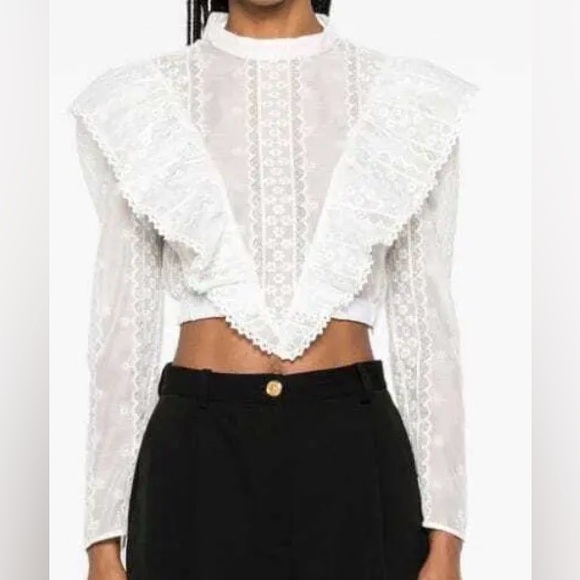 Sandro Shena Floral-Embroidered Crop Blouse in White Size 8 - Picture 2 of 10